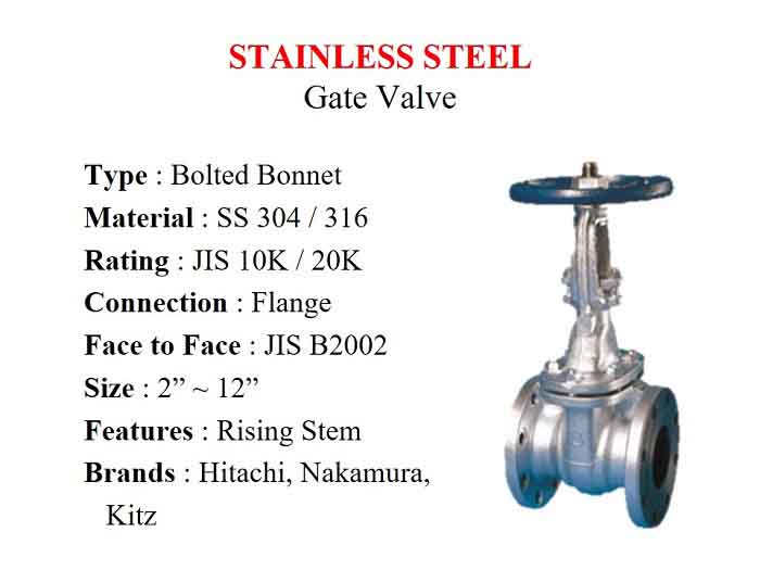 Stainless Steel Gate Valve / SS 304, 10 Bar, Flange 2" ~ 12" - Hitachi Valves - Gamako
